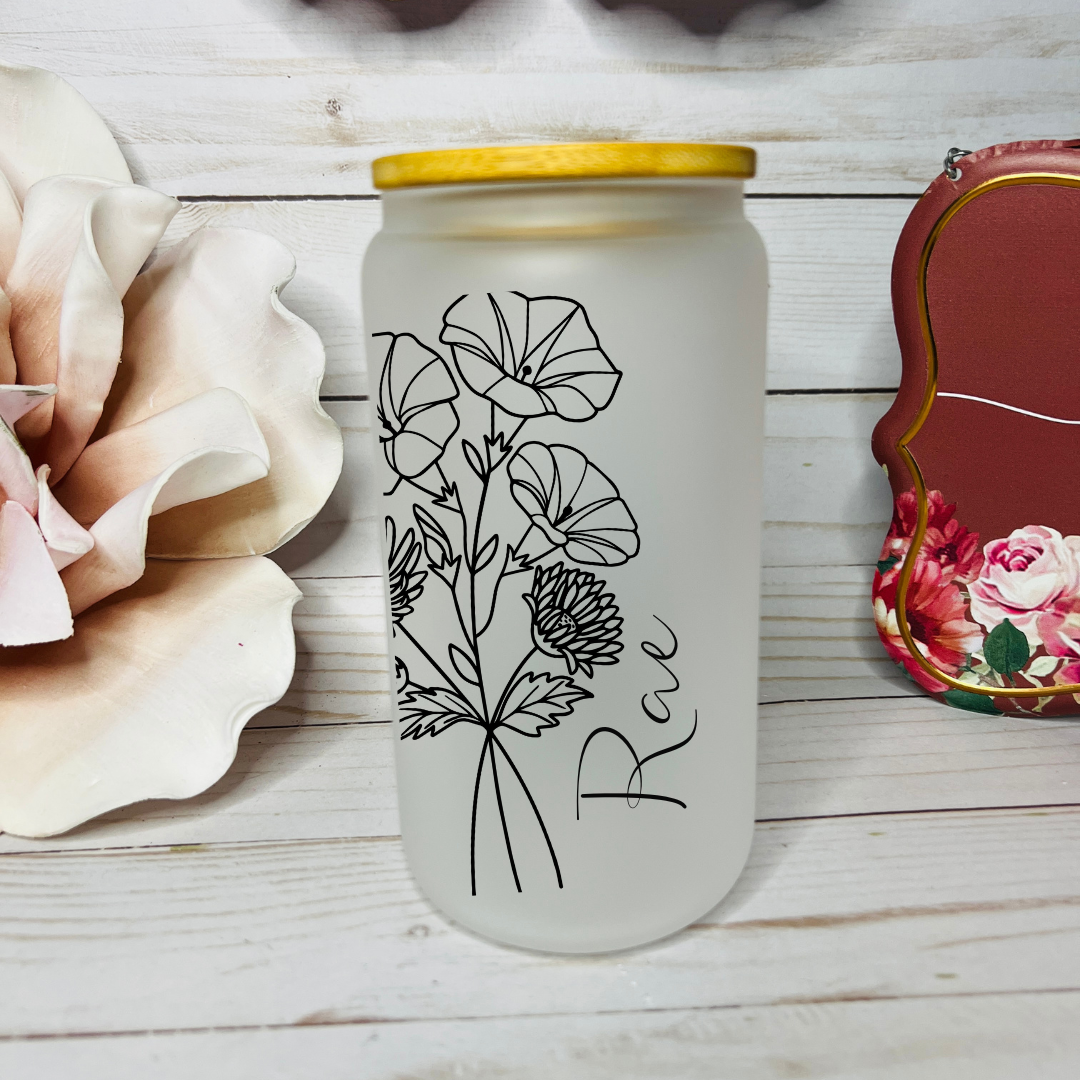 18oz Libbey Frosted Glass | Birth Month Flower - MKcreativeprints