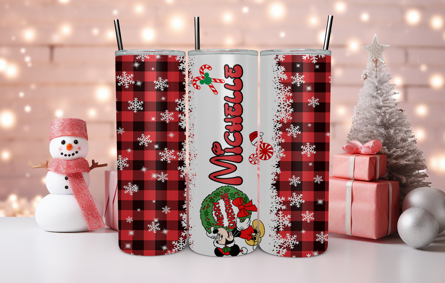 Custom 20oz & 30oz Skinny Tumbler, Buffalo Plaid Mickey Mouse Christmas - MKcreativeprints