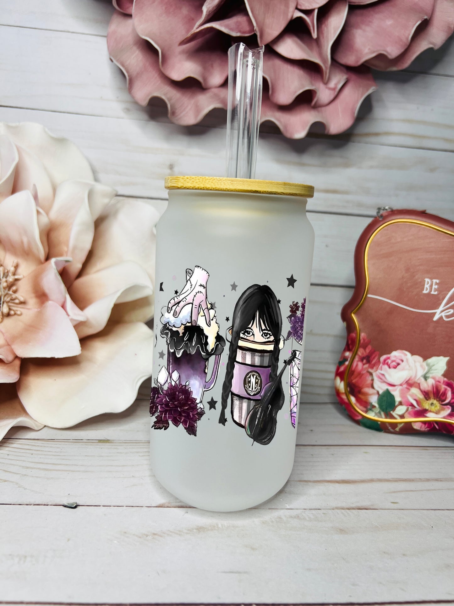 18oz Libbey Frosted Glass with rhinestone lid| Wednesday Adams - MKcreativeprints