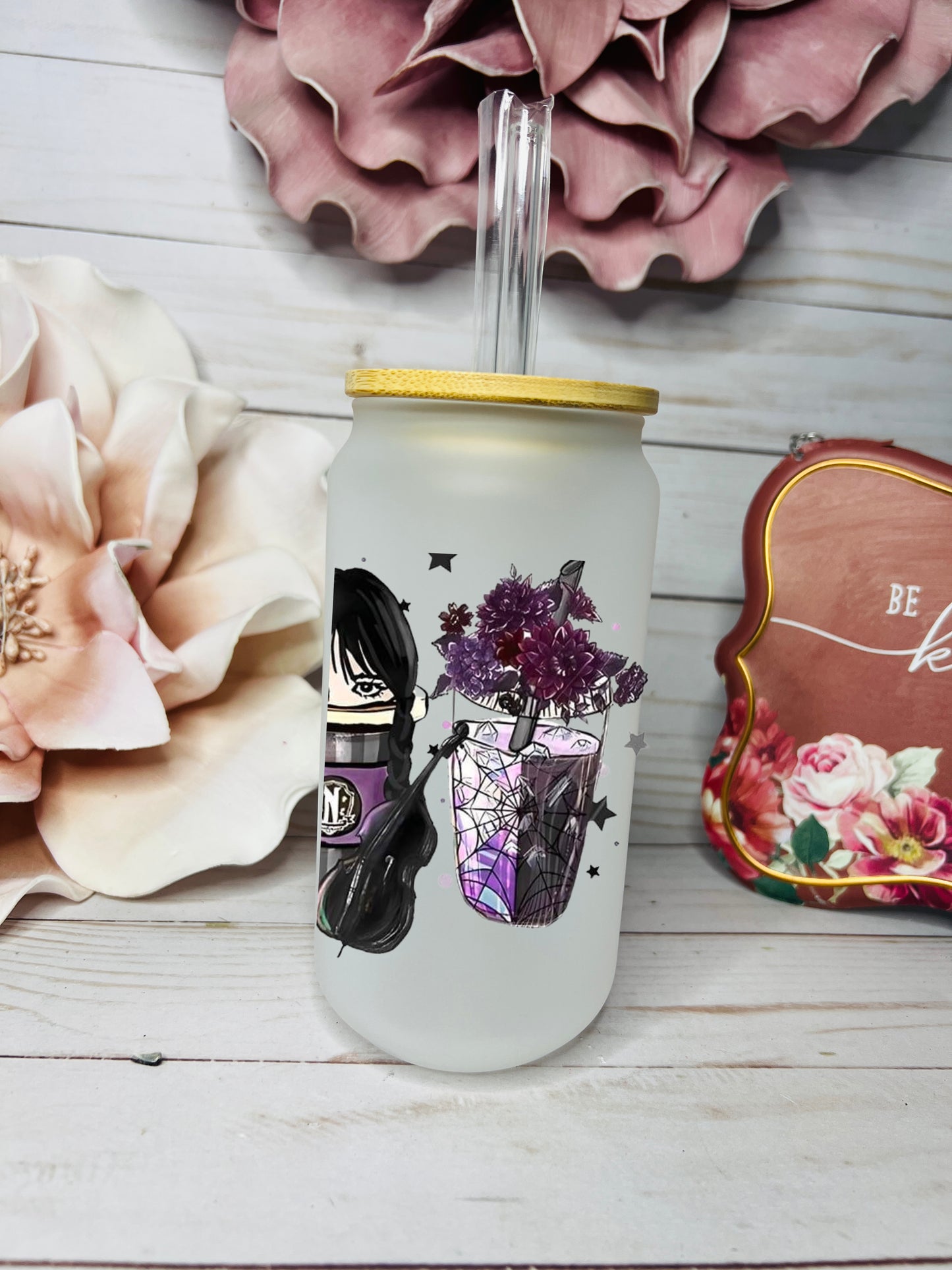 18oz Libbey Frosted Glass with rhinestone lid| Wednesday Adams - MKcreativeprints