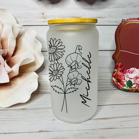 18oz Libbey Frosted Glass | Birth Month Flower - MKcreativeprints