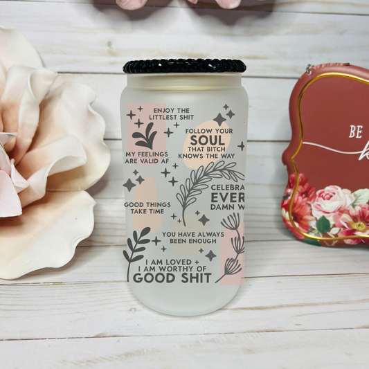 18oz Libbey Frosted Glass with rhinestone lid| Positive Affirmations I am loved I am worthy - MKcreativeprints