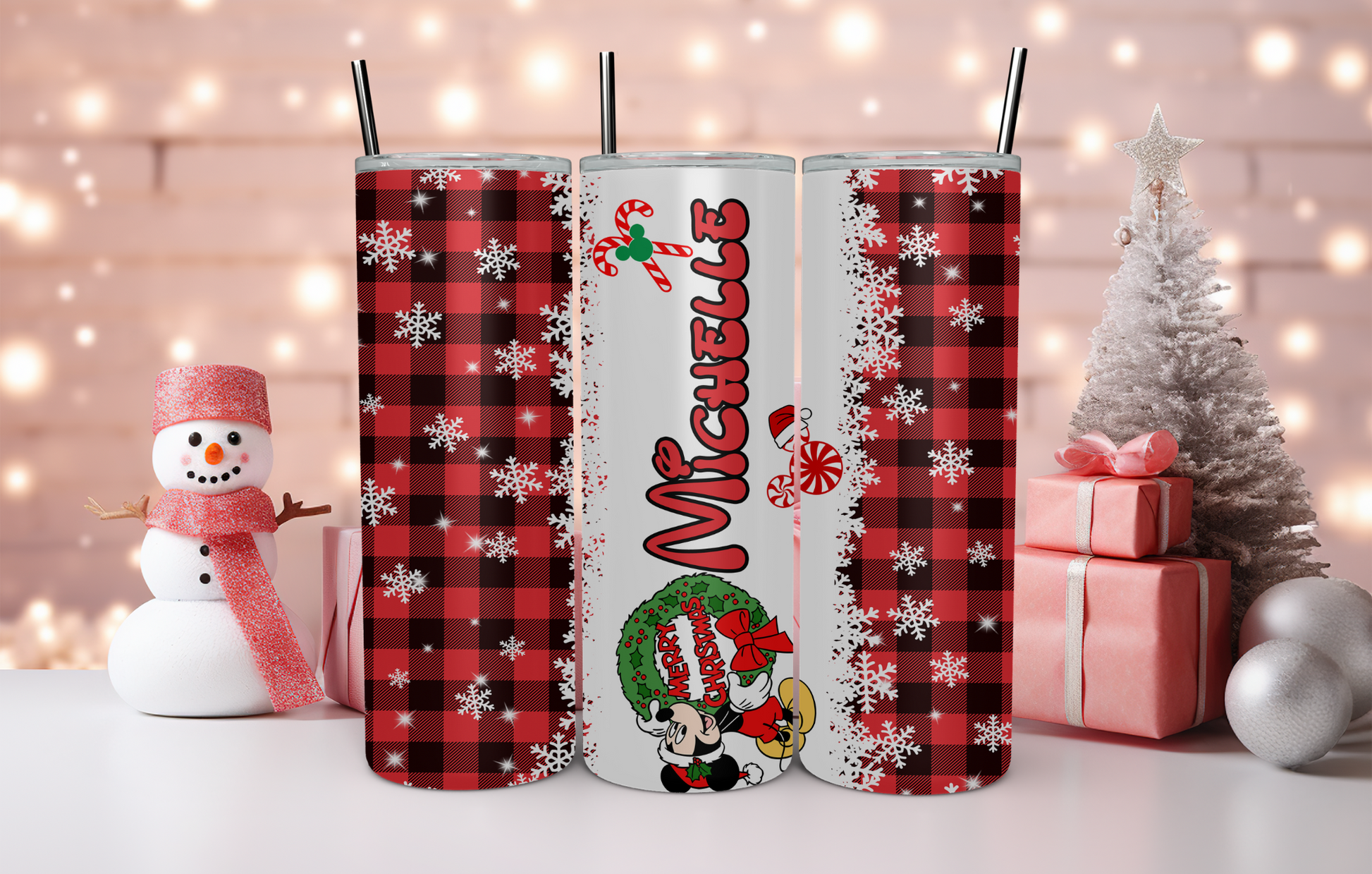Custom 20oz & 30oz Skinny Tumbler, Buffalo Plaid Mickey Mouse Christmas - MKcreativeprints