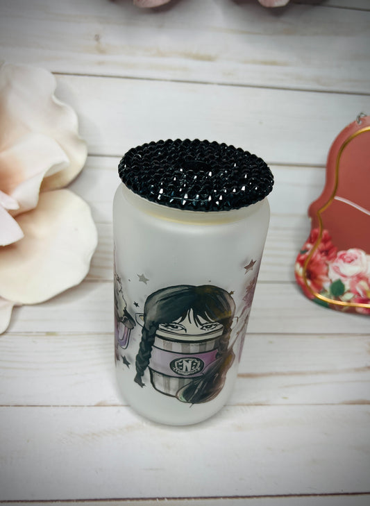 18oz Libbey Frosted Glass with rhinestone lid| Wednesday Adams - MKcreativeprints