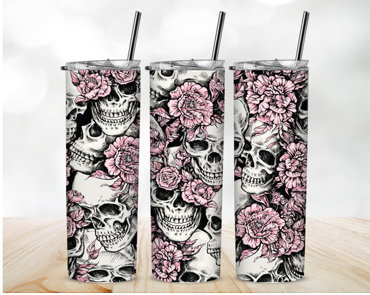 20oz Skinny Tumbler, Black and Pink Skulls with Flowers - MKcreativeprints